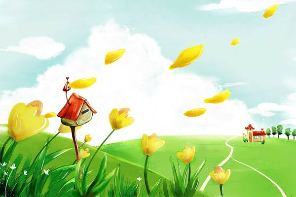  Feeder and tulips in the field illustration