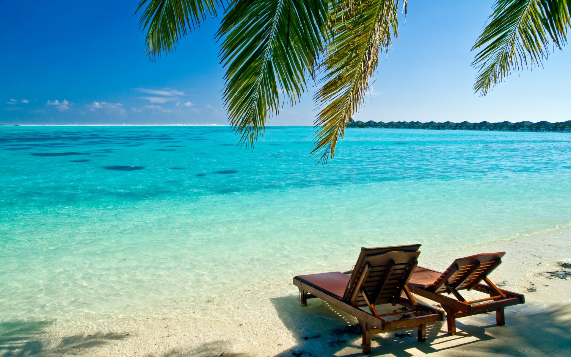 sommer tropisch idylle strand entspannung resort sand urlaub stuhl türkis insel paradies meer ozean exotisch palmen reisen sonne wasser landschaft