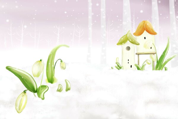 Drawing of snowdrops and fairy houses