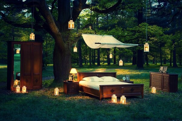 We created a bedroom in the middle of a forest clearing