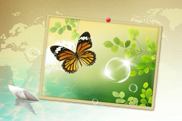 A picture in a frame with a butterfly and a twig on the background of a map of the earth and a paper boat floating nearby