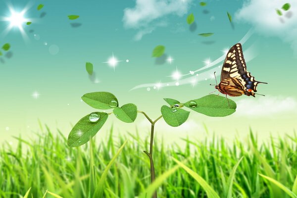 Зелений луг з метеликом на гілочці