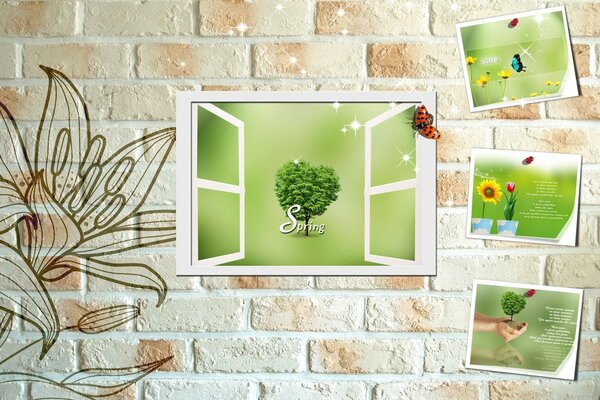 A green tree in the window behind a brick wall