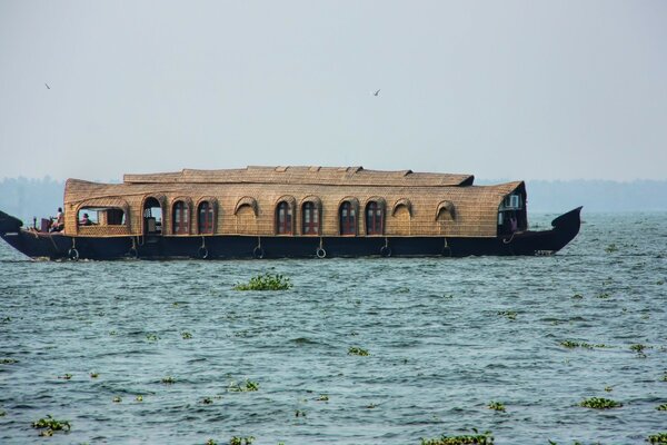 Una inusual barcaza navega por el lago