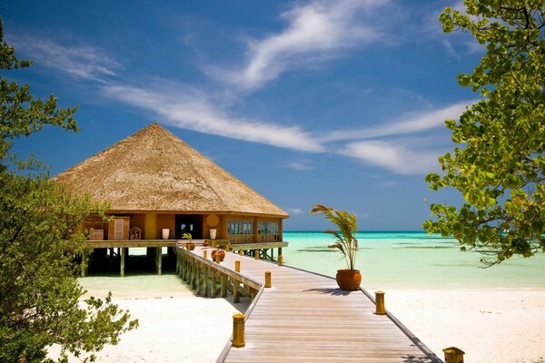 Bungalow en medio del océano en una isla tropical