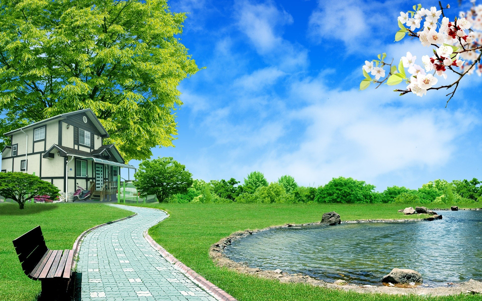 夏天 树 景观 水 草 户外 自然 天空 旅游 草坪 风景 日光 木材 湖泊 公园