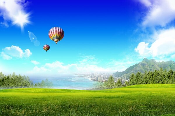 Sky, balloons, mountains, fields