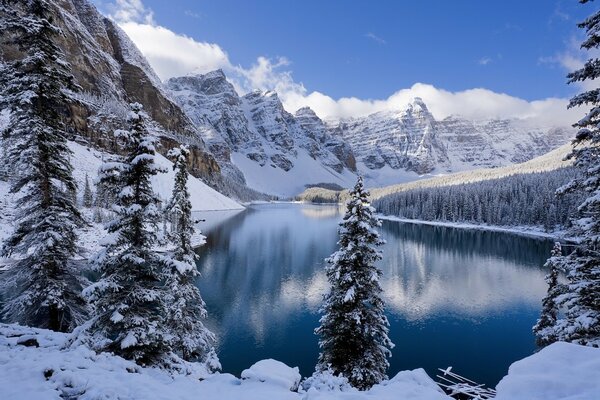 Beautiful winter landscape of mountains and lakes