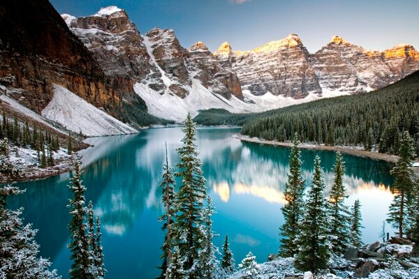 Lac turquoise parmi les montagnes froides