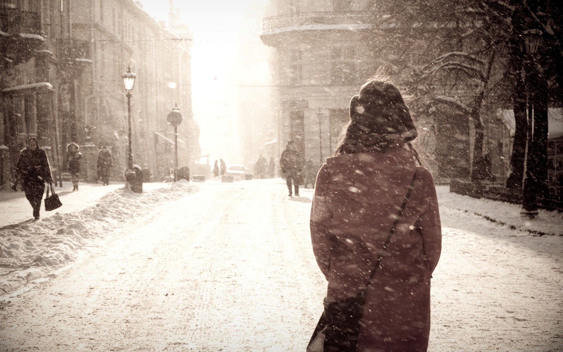 invierno calle adulto solo hombre carretera desgaste nieve grupo mujer monocromo