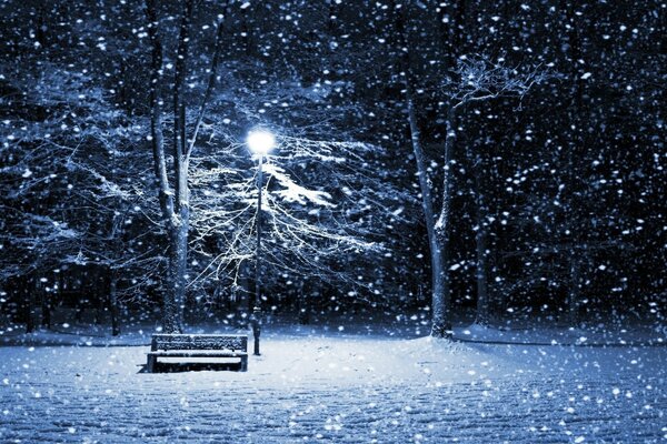 Blizzard in the park by the bench with a lantern