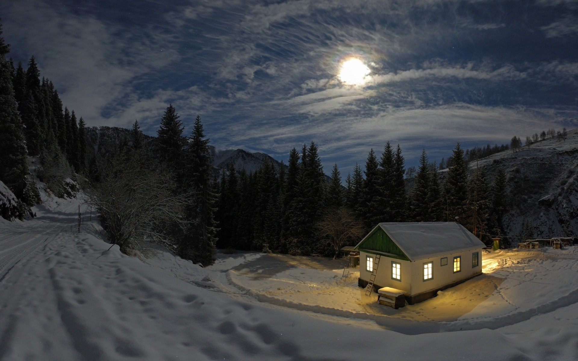 hiver neige froid montagnes paysage glace congelé route aube coucher de soleil gel voyage lumière arbre météo à l extérieur nature