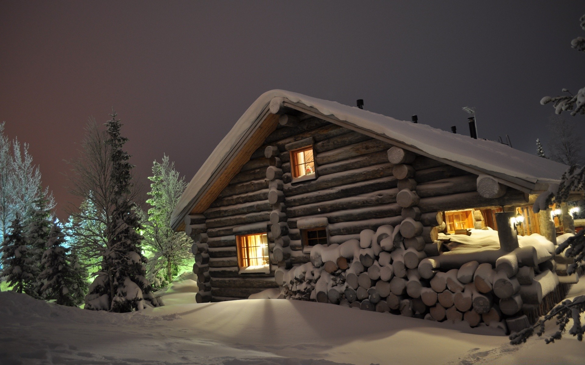 winter house landscape home light building wood snow travel cabin sunset bungalow