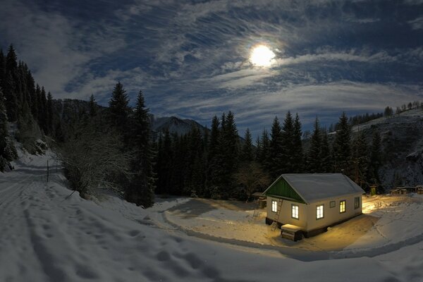 Einsames Haus im Wald in der Nacht