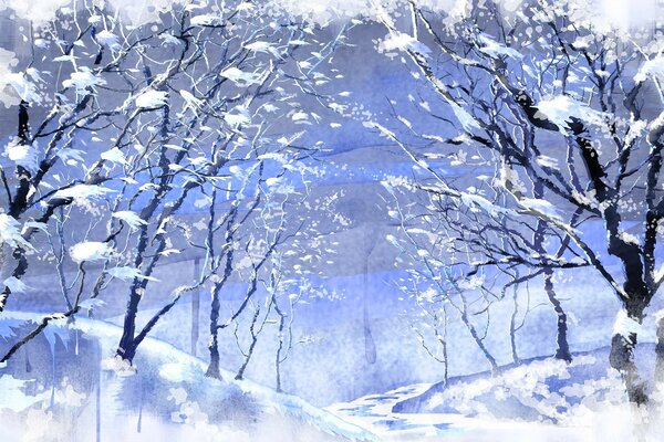 Landscape of a cold snow-covered forest