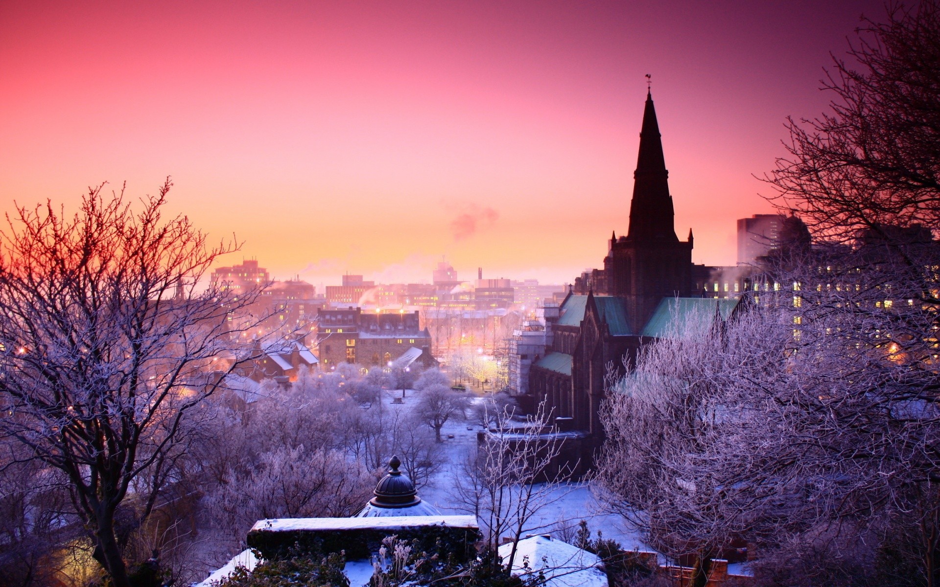 hiver crépuscule coucher de soleil neige soir voyage aube ciel à l extérieur arbre architecture paysage église nature