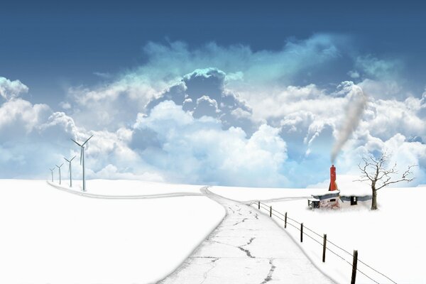 A snowy road stretching to the horizon