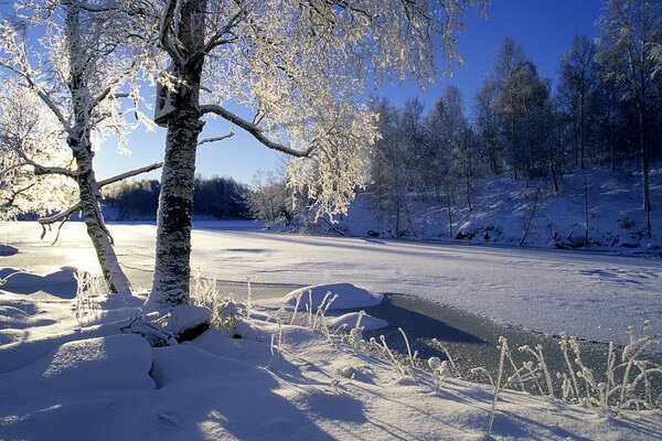 Paisaje invernal del río congelado