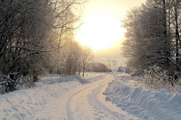 Snowy road leading to the village