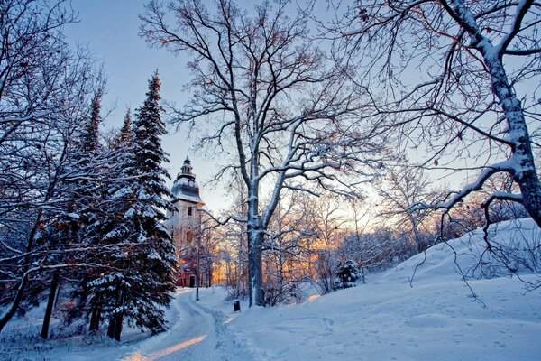 Snow-covered path to the old castle