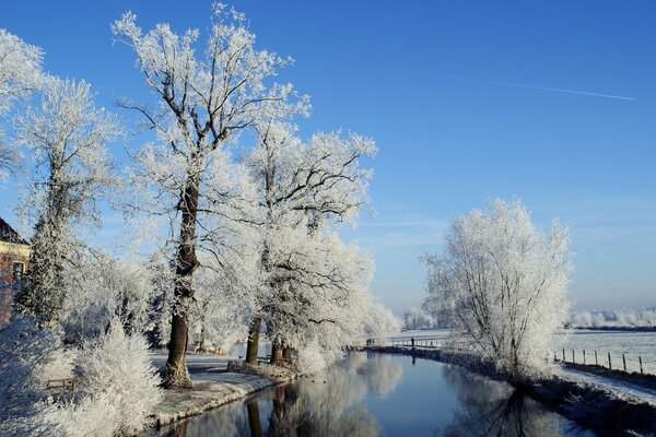 Fluss in einem schneebedeckten Winterpark