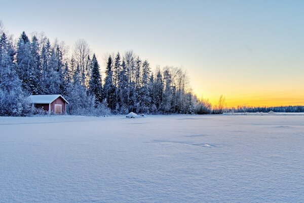 Winter frosty morning on the lake