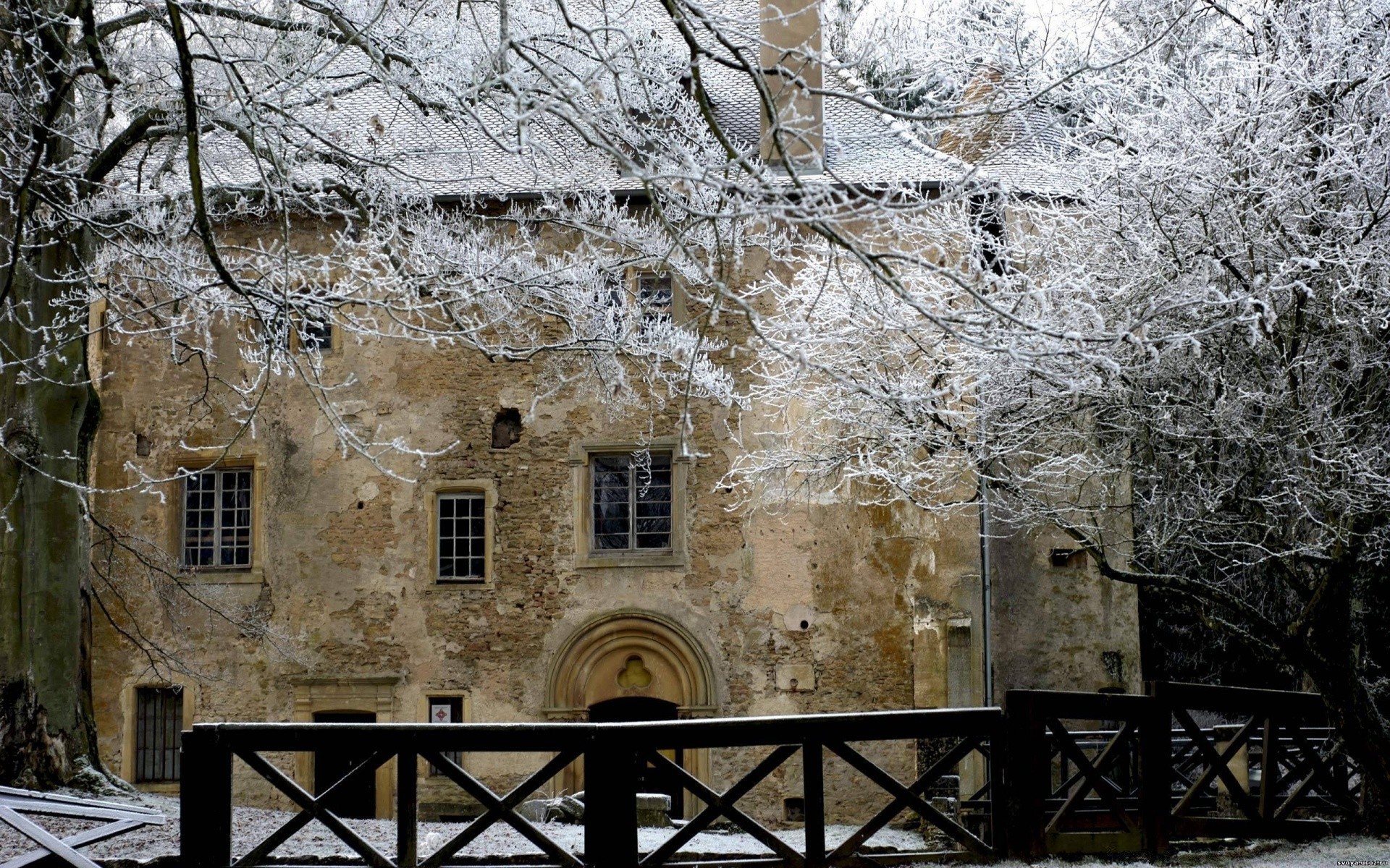 winter architecture old building wall stone ancient house travel window tree wood