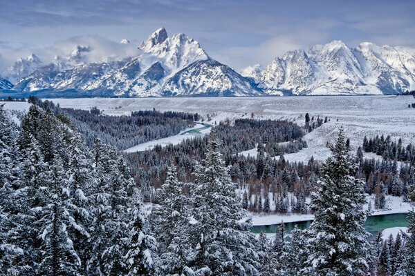 Winter in the mountains. Snowy weather