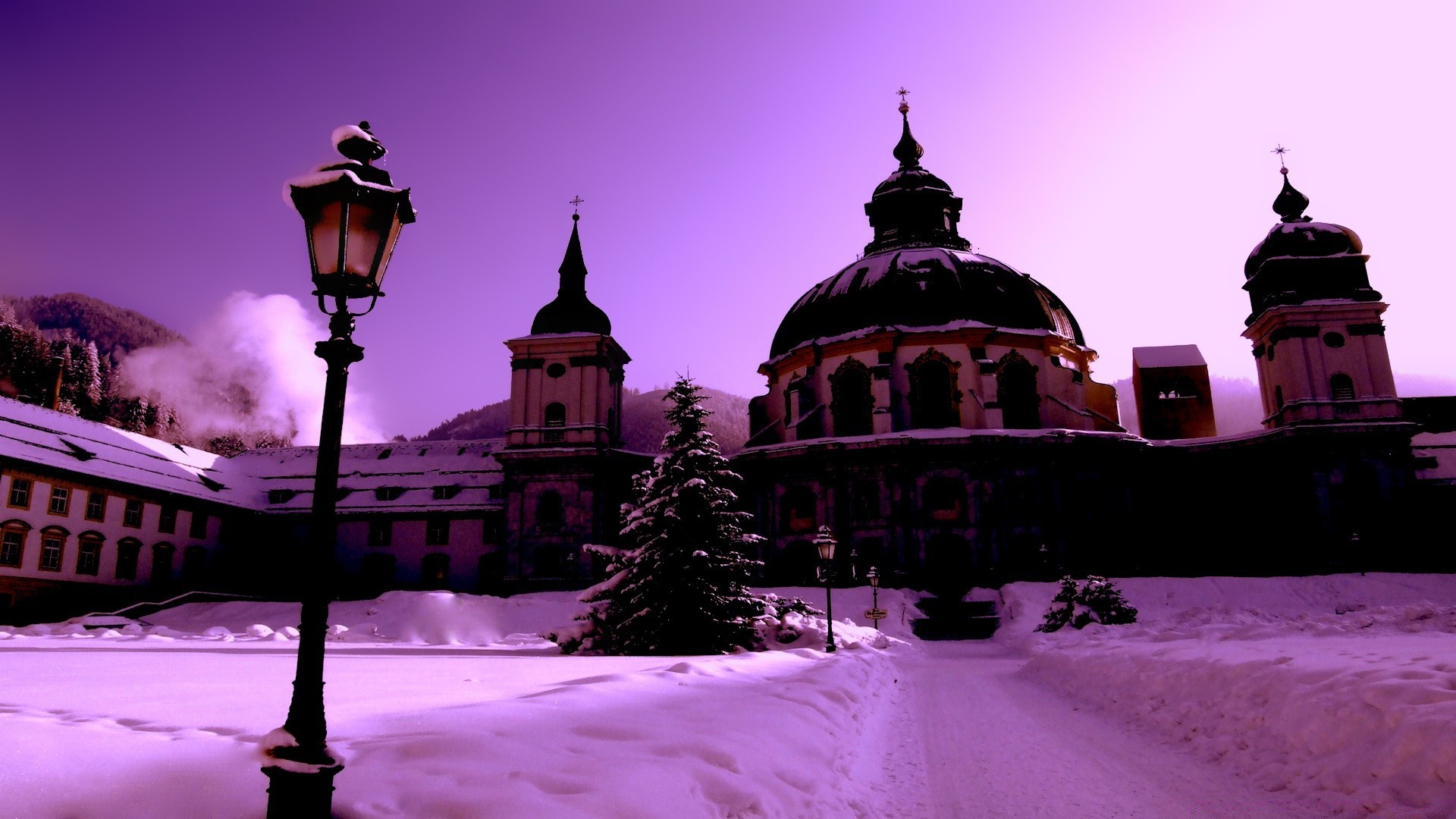 hiver architecture ville voyage ciel coucher de soleil crépuscule soir lumière église maison neige à l extérieur religion aube