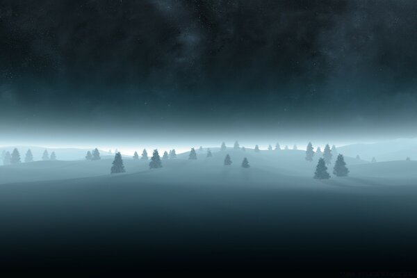 Foggy landscape. Winter forest under a dark sky