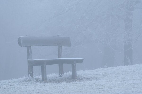 Panchina nella nebbia spruzzato con la neve