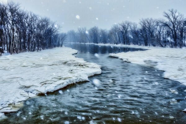 Ice-free stream in icy shores