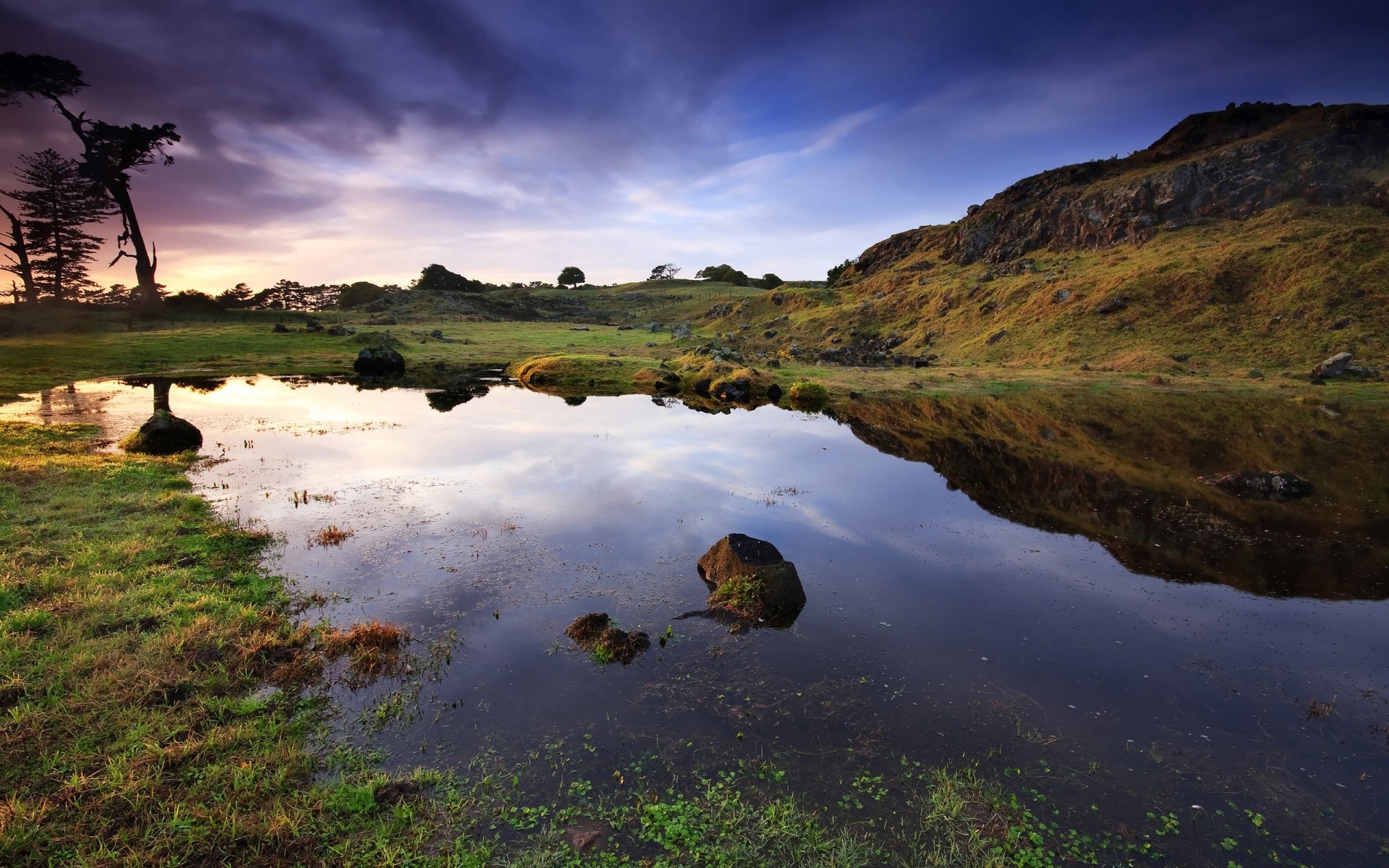 lake landscape water river reflection sky sunset nature outdoors travel dawn evening tree mountain grass