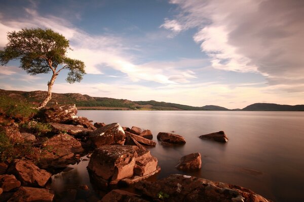 The rocky shore of a calm lake