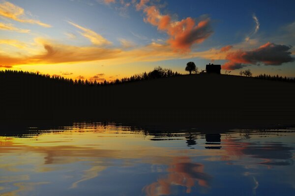 Reflection in the lake of a beautiful sunset lake landscape against the sky
