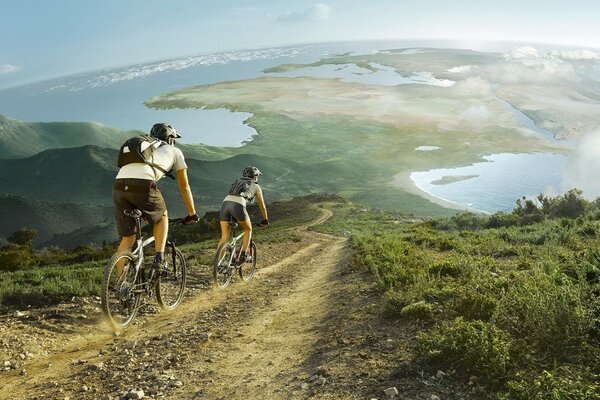 Paysage fantastique de deux cyclistes