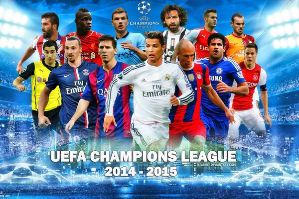 Players of different teams on the 2014-2015 Champions League poster