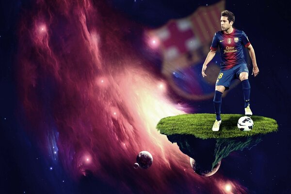 Soccer player with a ball in the universe, space football