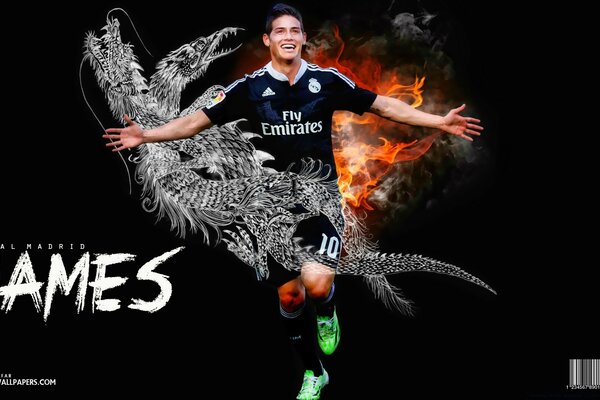 A football player with open arms and surrounded by the elements of fire and dragon