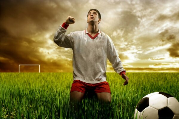 Football player on his knees on the green grass