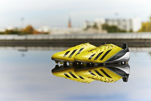 Yellow sneakers are reflected on the water