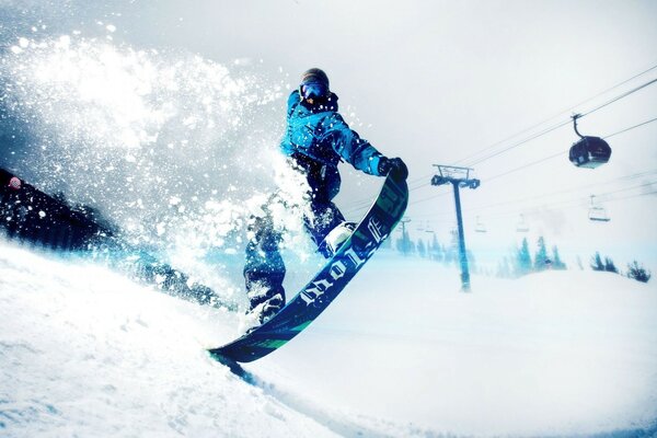 Snowboarder does a trick on a snowy track