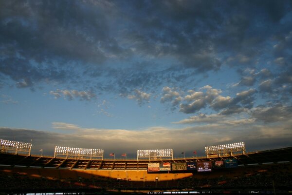 Stadium at dawn in the rays of the sun