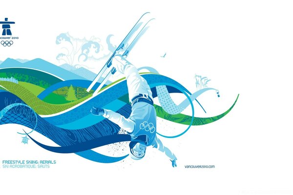 Illustration of the sport of skiing competitions on a green-blue background