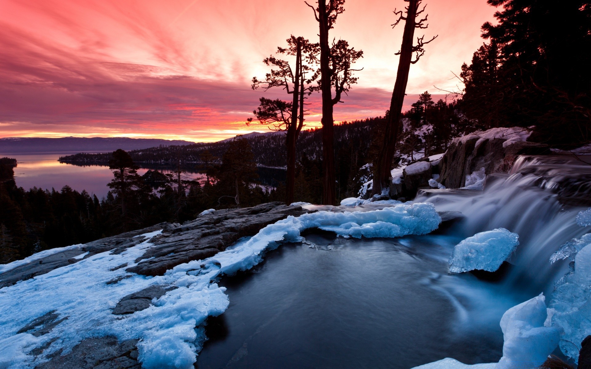 amérique eau neige glace hiver paysage froid en plein air nature voyage coucher de soleil rivière soir congelé arbre cascade scénique