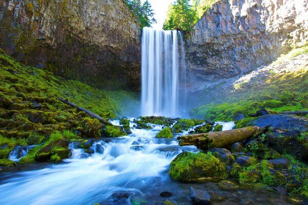 Una exuberante cascada drena de las montañas en una hendidura y el río dirige hacia el océano