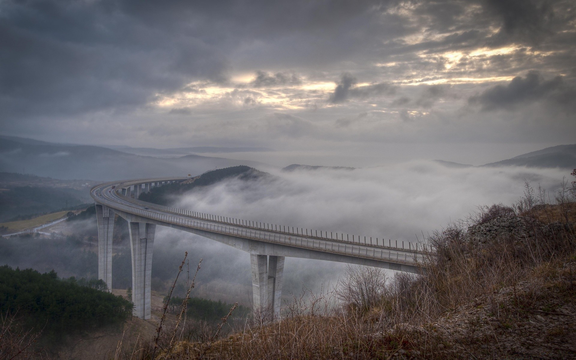 landscapes fog landscape bridge sky road travel storm outdoors tree winter dawn sunset water nature weather river light daylight mist