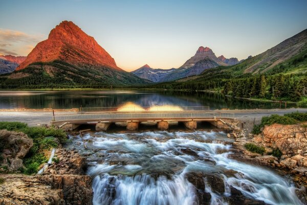 Landscape. Red Mountain. Waterfall