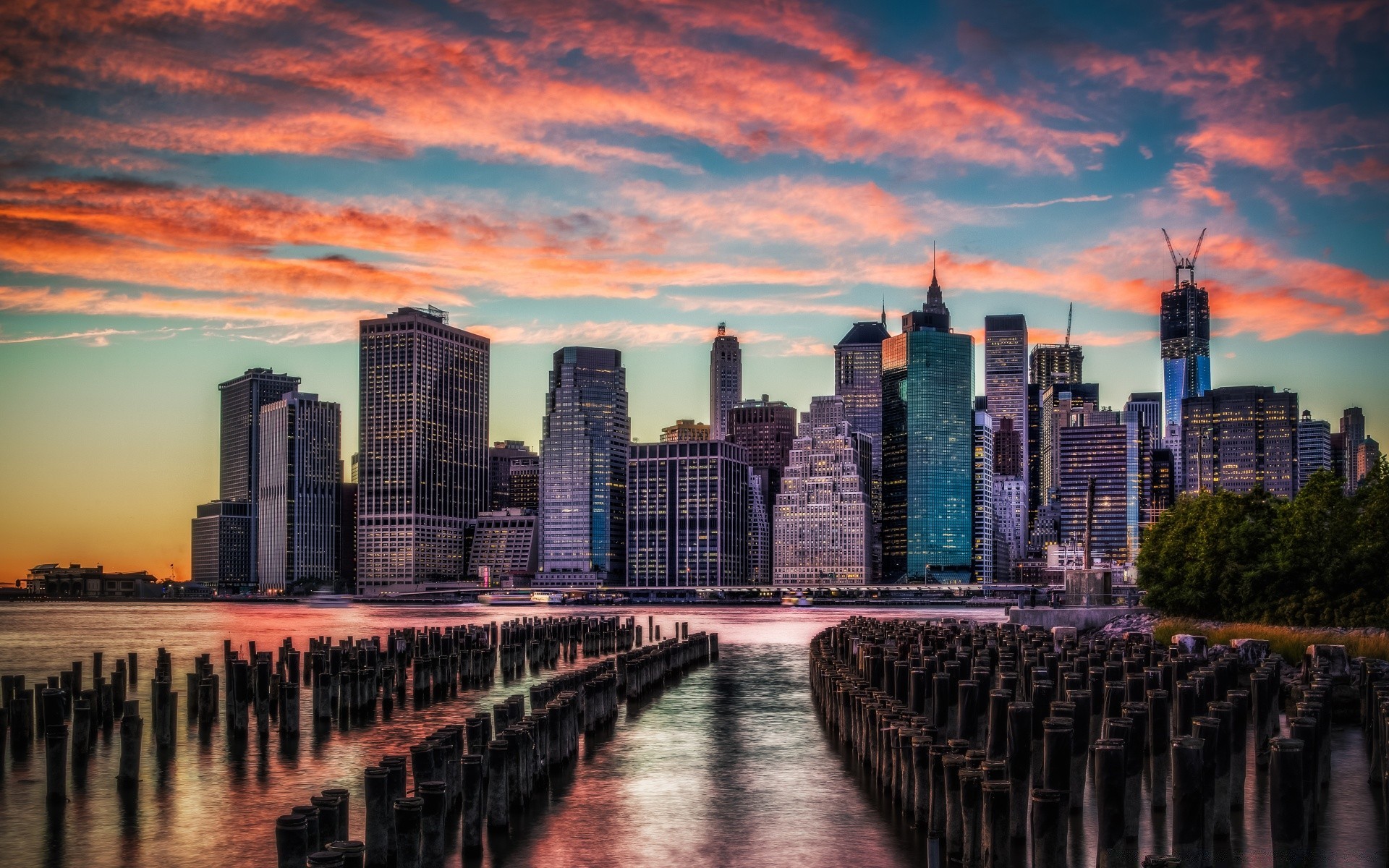 america skyline city skyscraper architecture cityscape building downtown sunset dusk evening travel office waterfront water reflection river sky urban panoramic