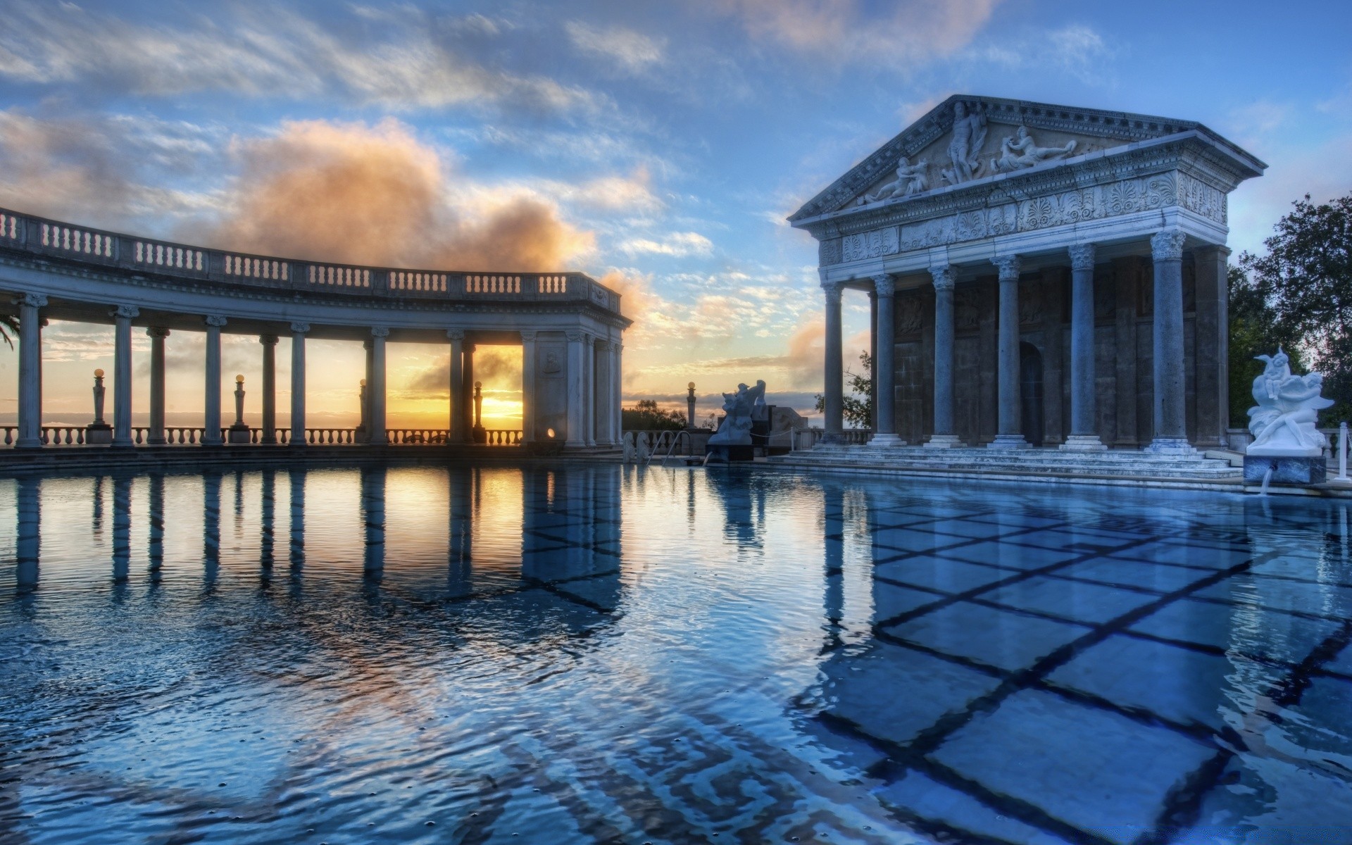 america water architecture sky reflection building outdoors travel lake column light museum